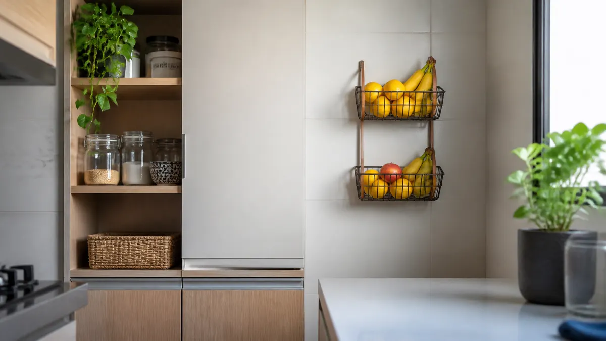 Fruteira de parede com frutas cítricas em cozinha compacta e bancada livre para preparo.