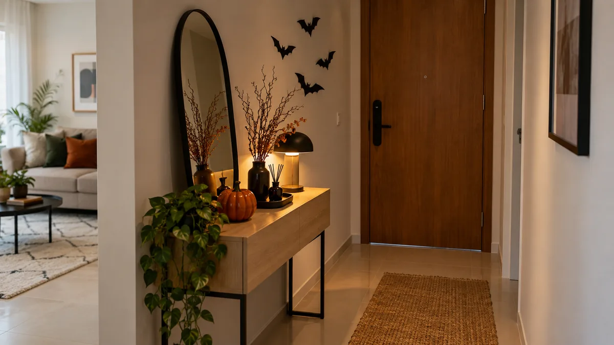 Entrada de apartamento pequeno com aparador, espelho apoiado e enfeites de Halloween sem bloquear a porta.