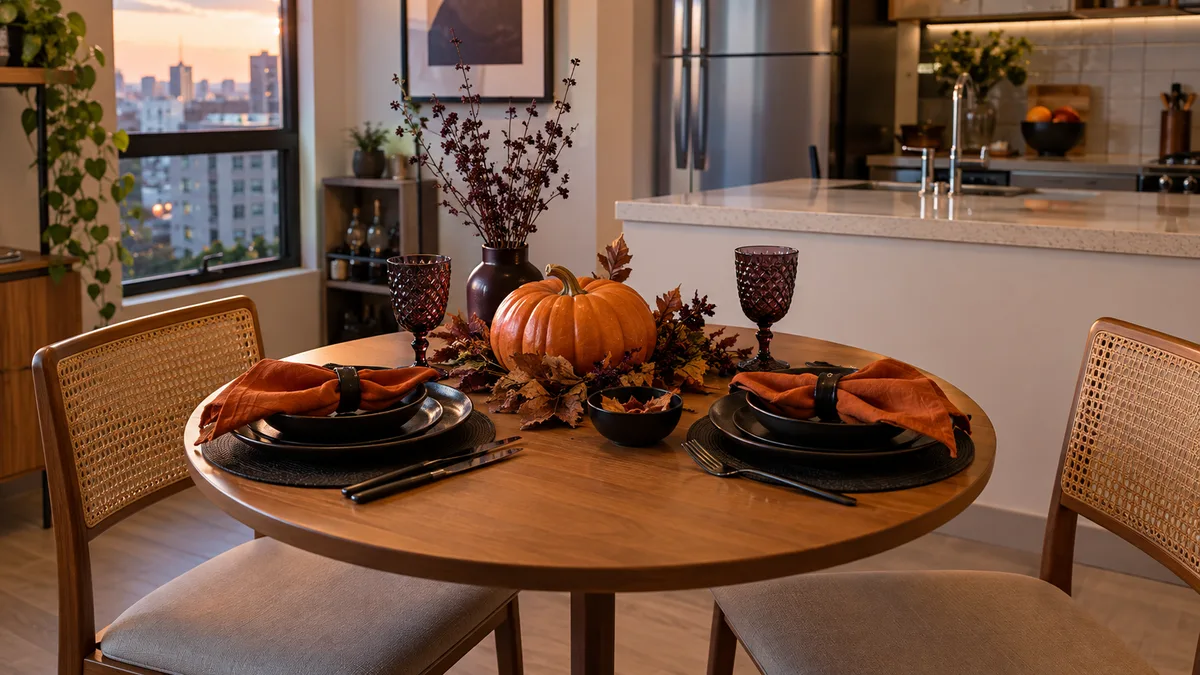 Mesa redonda compacta com abóbora, folhas secas e louça escura em apartamento pequeno decorado para Halloween.
