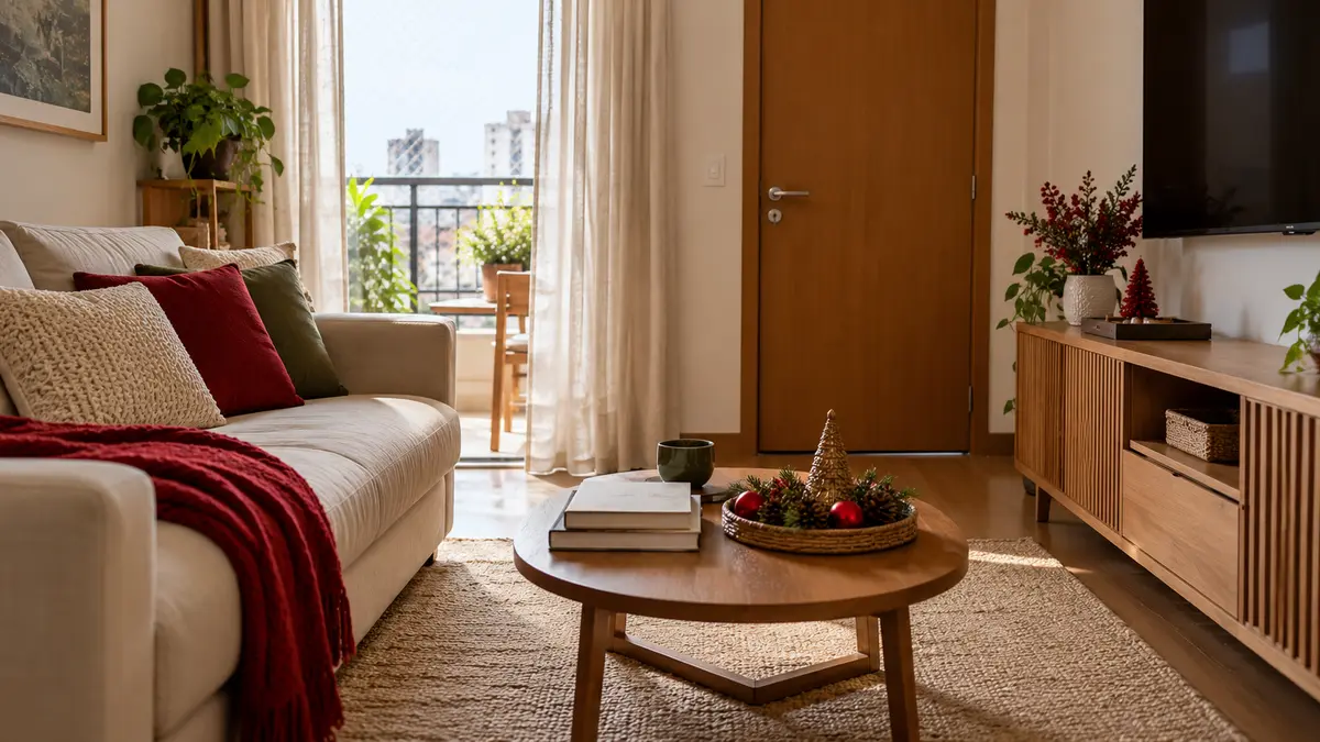 Sala compacta com mesa de centro, livros e bandeja natalina baixa, deixando o tampo e a passagem livres para visitas.