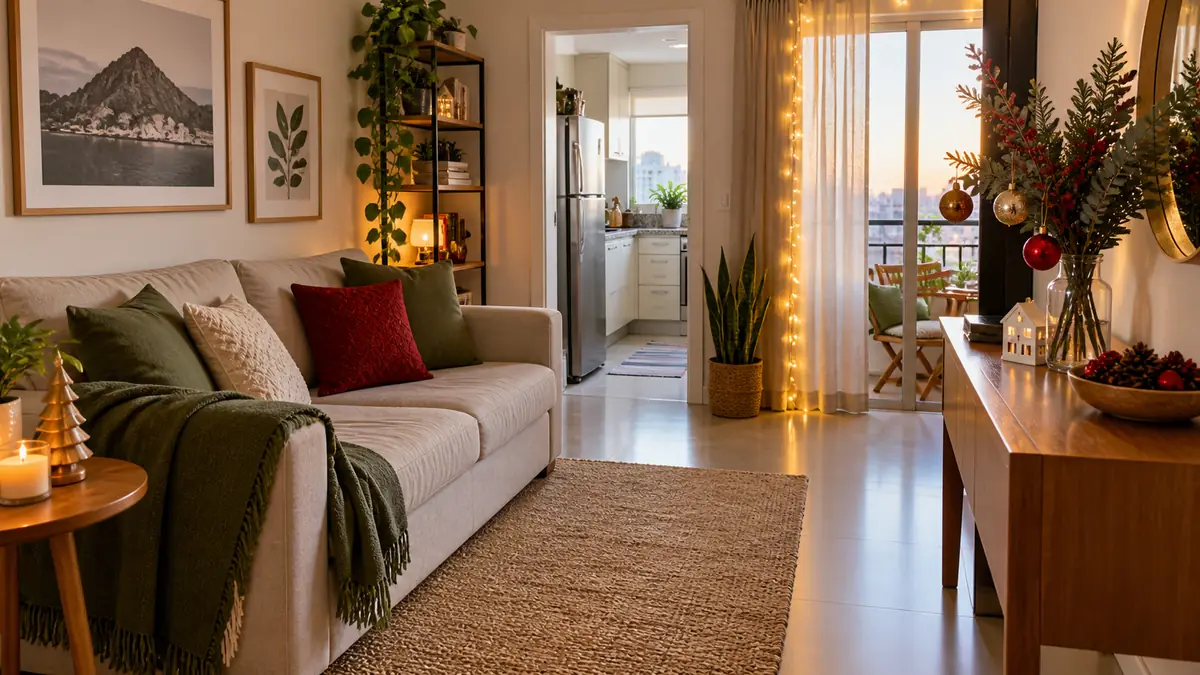 Sala pequena de apartamento com decoração natalina vertical, sofá claro, luzes na janela e passagem livre.