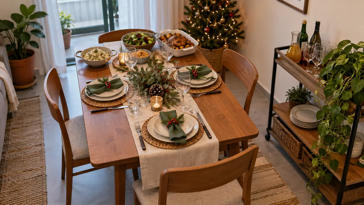 Mesa de Natal pequena com pratos, copos e travessas organizados, além de carrinho auxiliar ao lado.