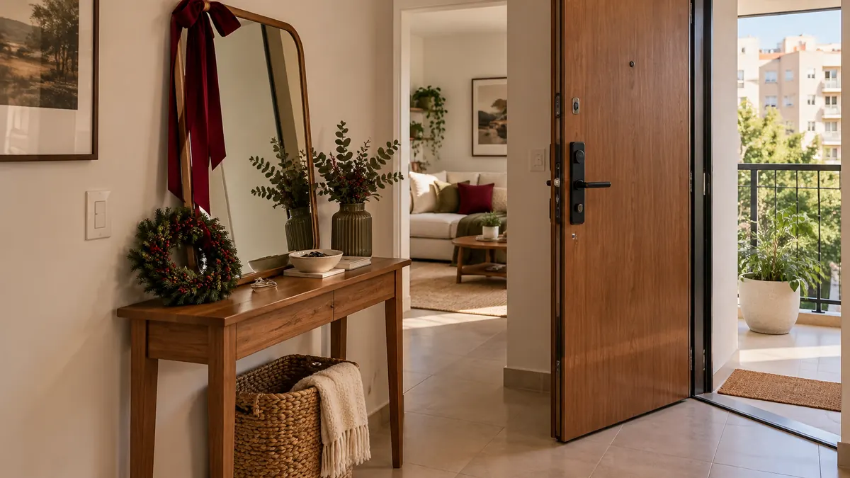 Entrada de apartamento pequeno com guirlanda, espelho apoiado e aparador de madeira sem bloquear a porta.