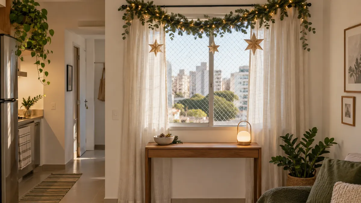 Janela de apartamento pequeno com guirlanda, luzes e estrelas de papel, sem ocupar o piso.