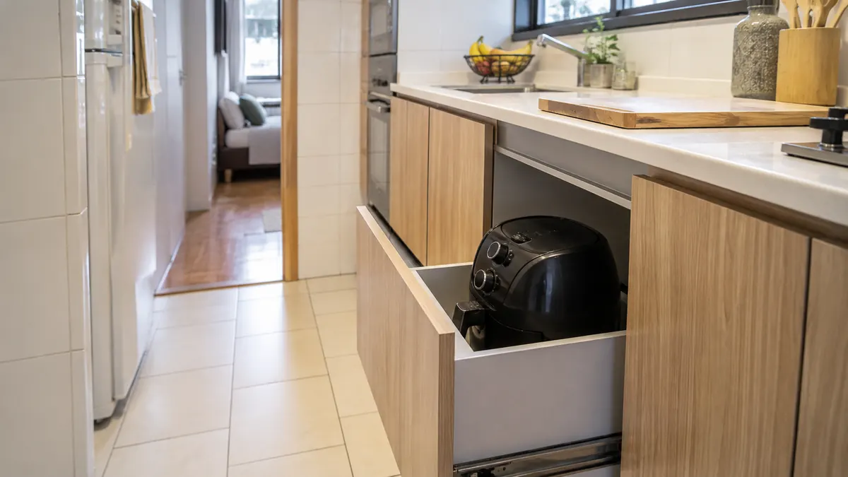 Air fryer desligada e fria guardada em uma gaveta funda de armário baixo em cozinha compacta.