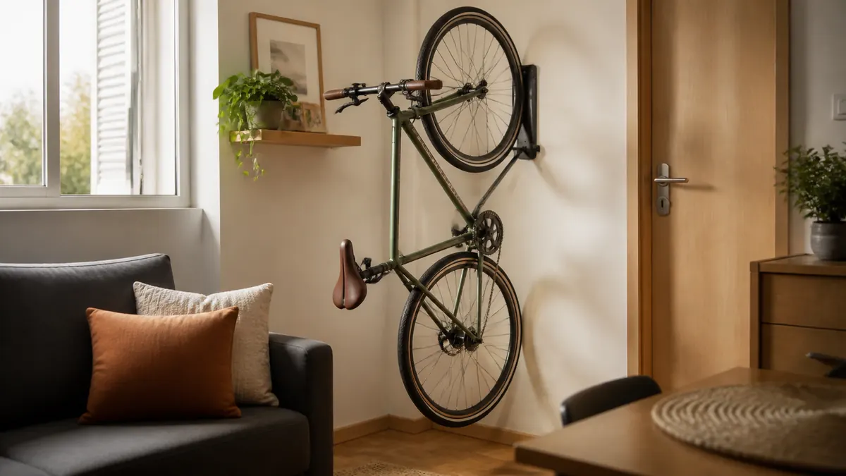 Bicicleta branca apoiada em suporte vertical estreito ao lado de aparador e plantas em sala compacta.