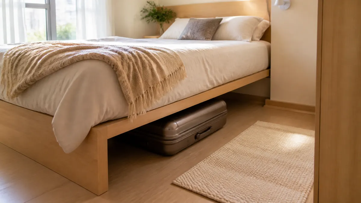 Mala fechada guardada sob uma cama baixa em quarto compacto, com a passagem lateral livre.
