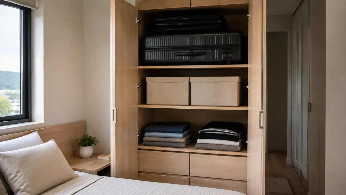 Armário alto em quarto compacto com malas organizadas no compartimento superior e roupas nas prateleiras inferiores.