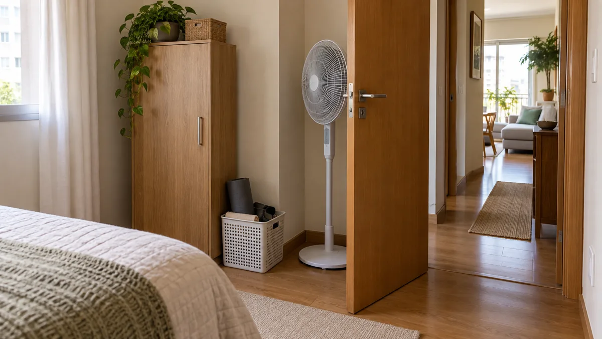 Ventilador de coluna guardado em um recuo ao lado da porta do quarto, com armário alto e passagem livre.