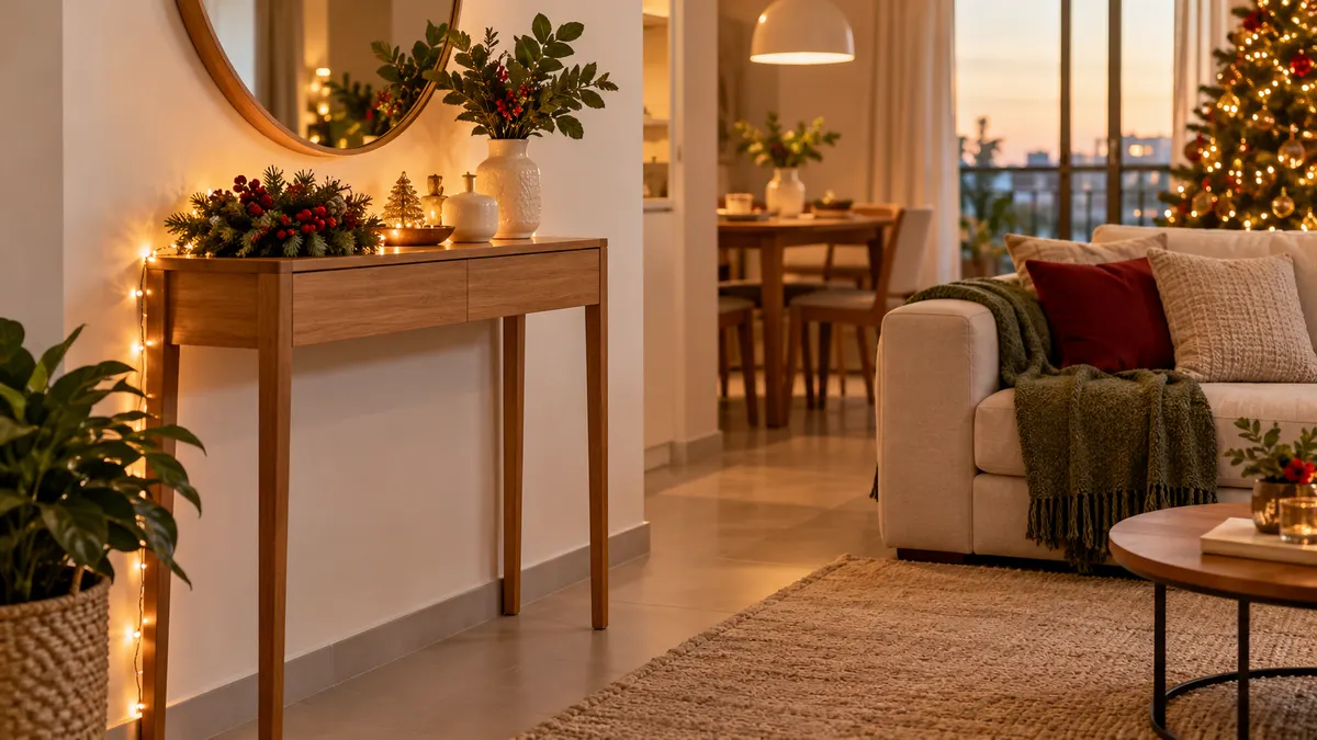Aparador estreito de madeira com decoração de Natal e fio de luz subindo discretamente pela lateral posterior.