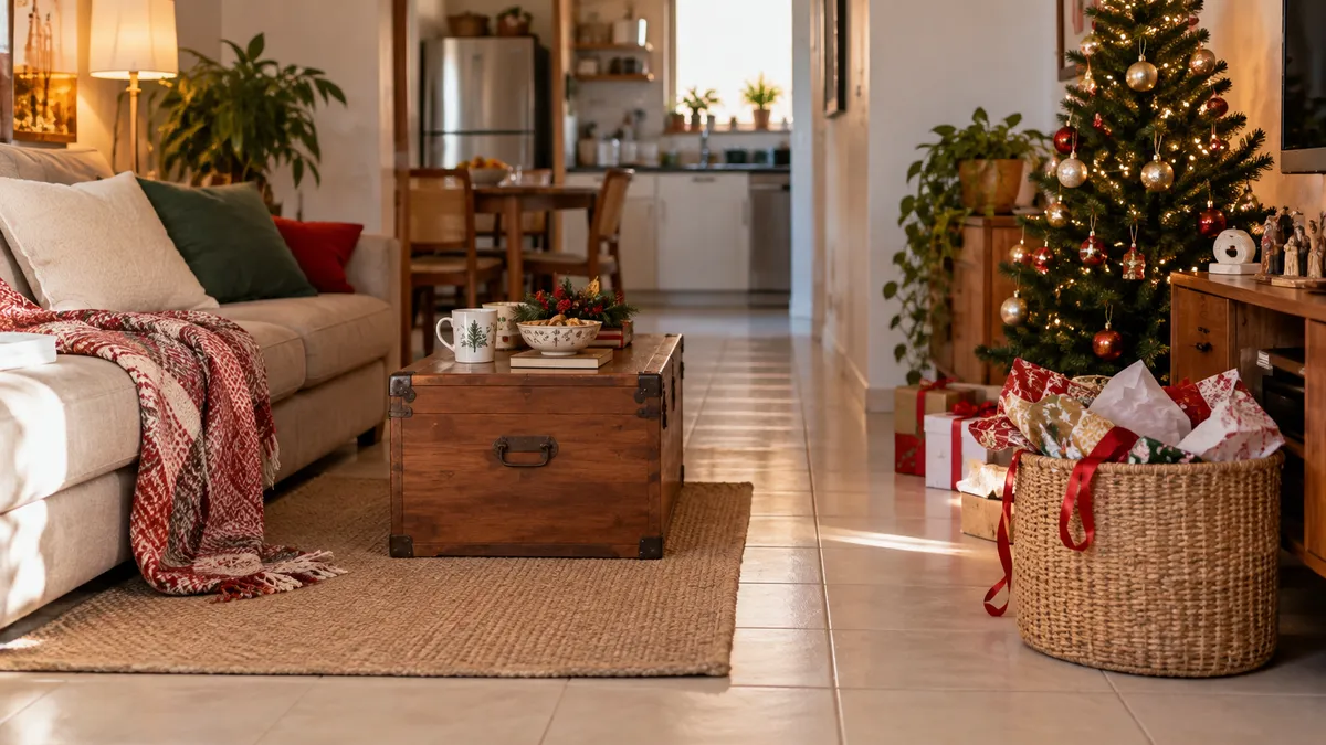Sala compacta com árvore de Natal, baú fechado, cesto para papéis e passagem livre entre o sofá e a cozinha.