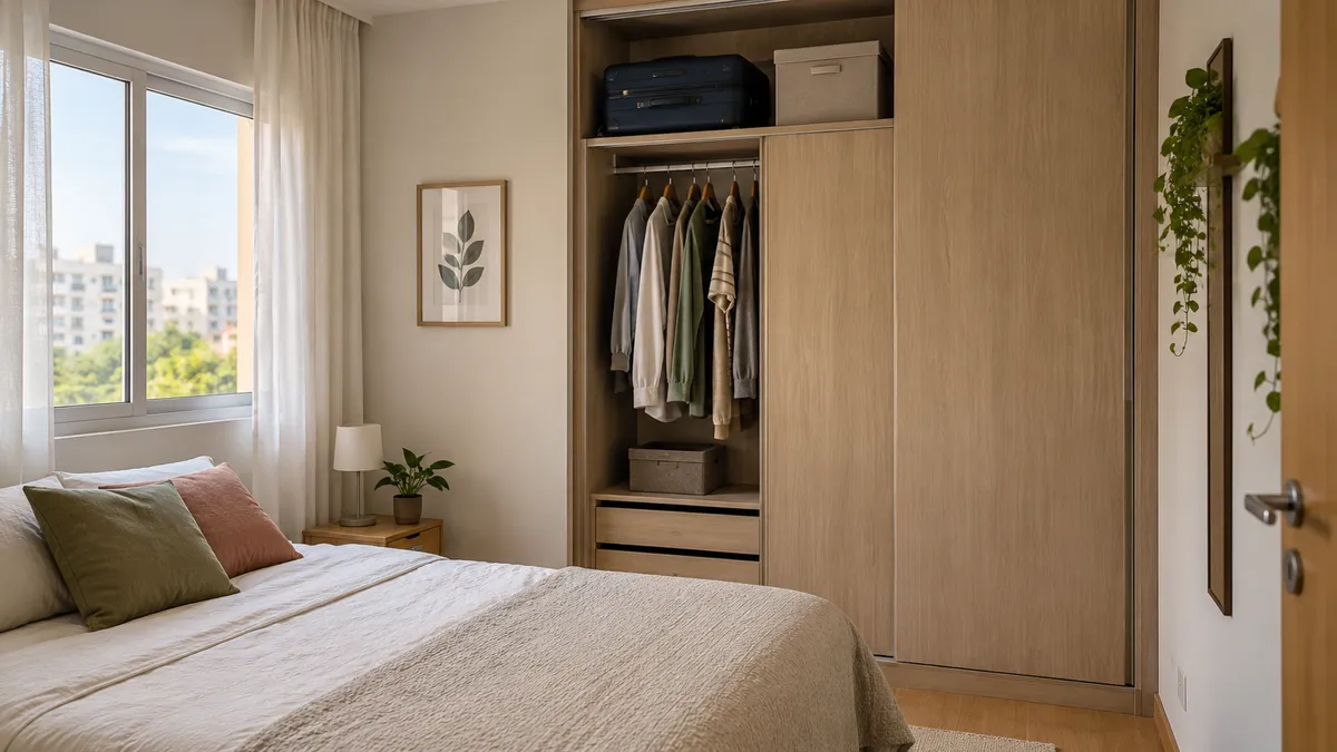 Quarto compacto com mala e caixa opaca guardadas na parte alta do armário, longe do alcance infantil.