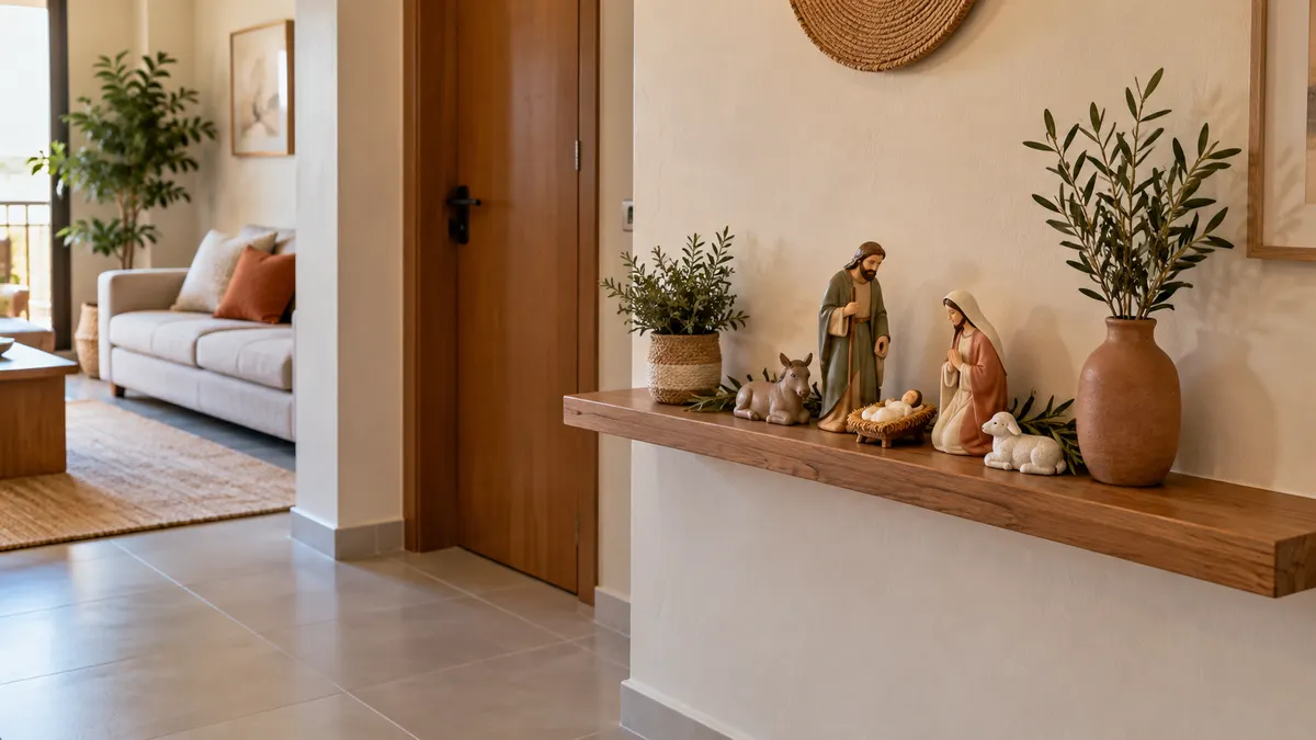 Presépio vertical em prateleira rasa junto à entrada de apartamento, com porta aberta e piso livre.