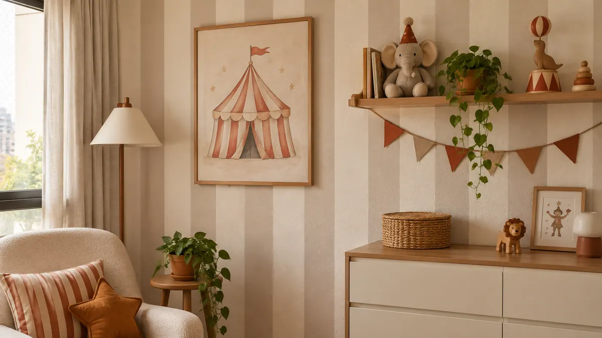 Parede de quarto infantil com listras claras, quadro de lona de circo, prateleira e detalhes em terracota.