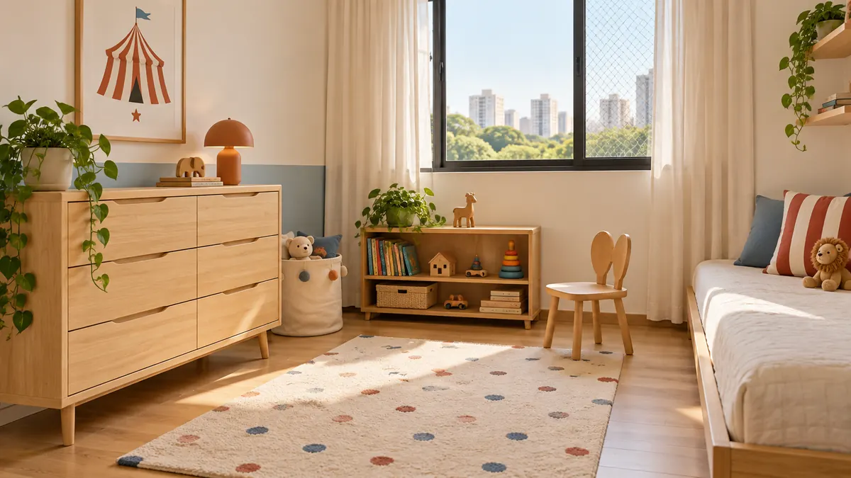 Quarto infantil que pode evoluir com cômoda neutra, estante baixa, tapete claro e decoração de circo removível.
