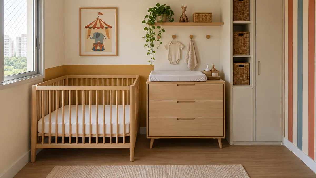 Quarto de bebê compacto com berço, cômoda, armário estreito e parede listrada com quadro de circo.