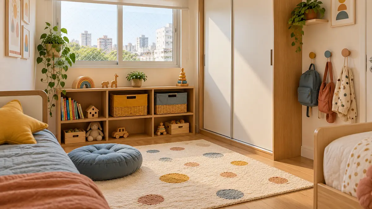 Canto de armazenamento de quarto infantil compartilhado com estante baixa, cestos e passagem livre.