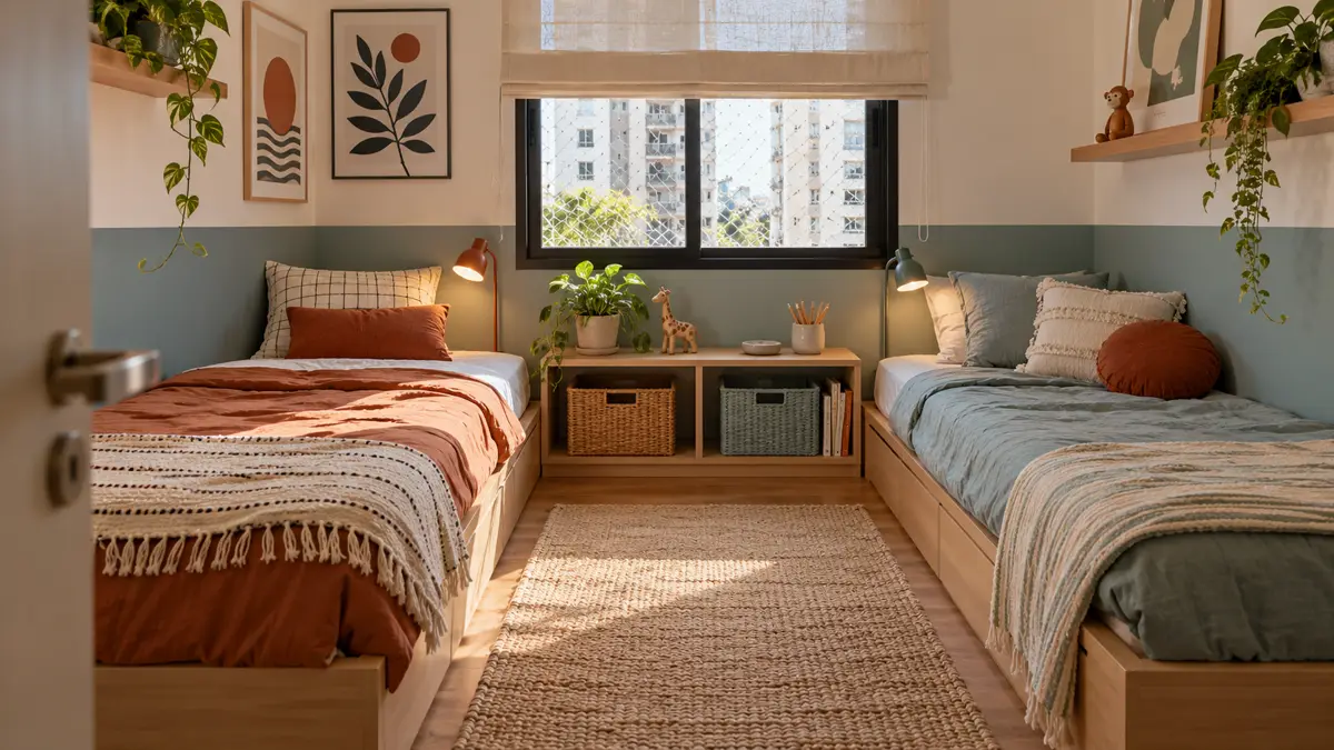 Quarto compartilhado com duas camas, prateleira baixa entre elas e passagem central livre.