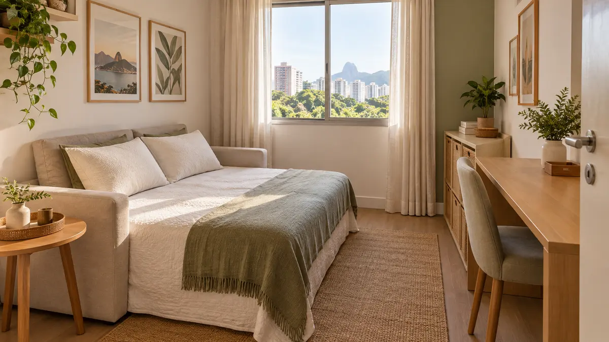Quarto compacto em modo hóspede, com sofá-cama arrumado, bancada limpa, cadeira recolhida e caminho livre até a porta.