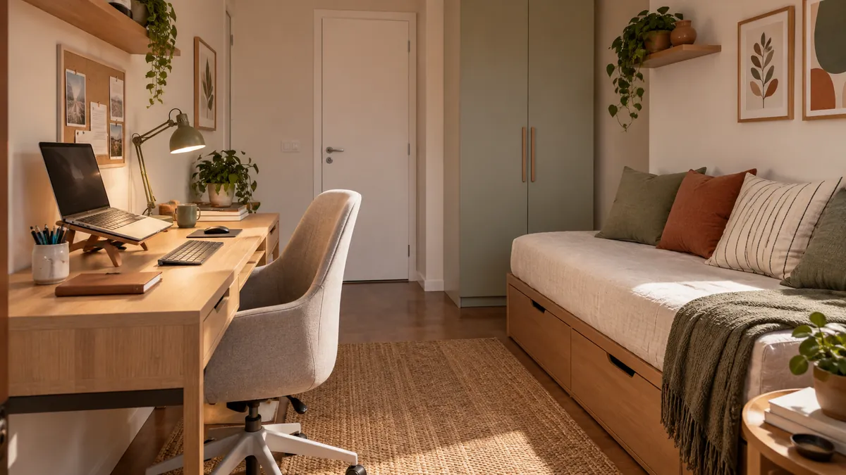 Quarto compacto em modo trabalho, com bancada estreita, notebook elevado, teclado separado, cadeira e sofá-cama ao fundo.