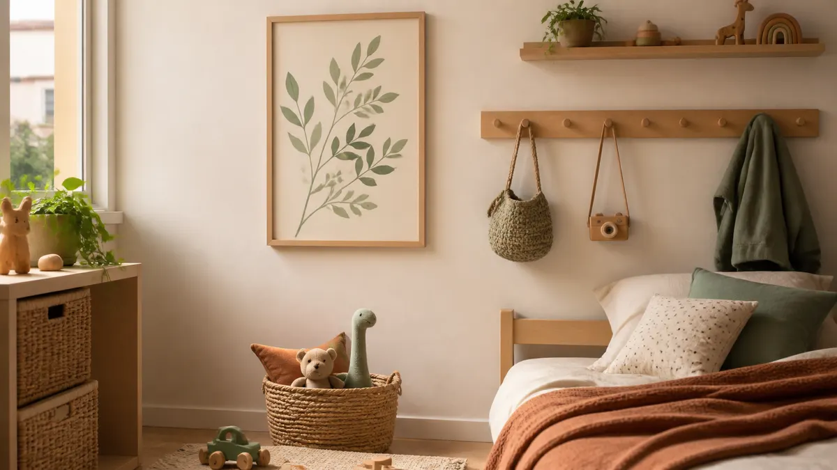 Quarto infantil pequeno com parede neutra, cama de madeira, quadro botânico, cesto de brinquedos e prateleira baixa.