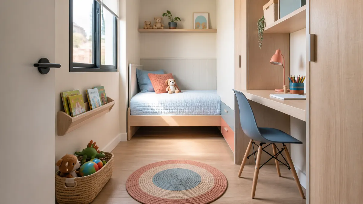 Quarto infantil pequeno visto da porta, com cama, mesa estreita, livros, cesto de brinquedos e caminho livre no centro.