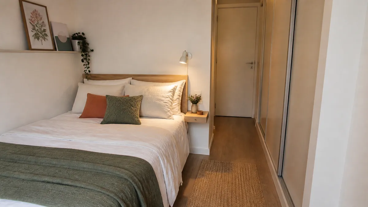 Quarto pequeno com cama queen encostada em uma parede, apoio suspenso, luz de leitura e guarda-roupa acessível.