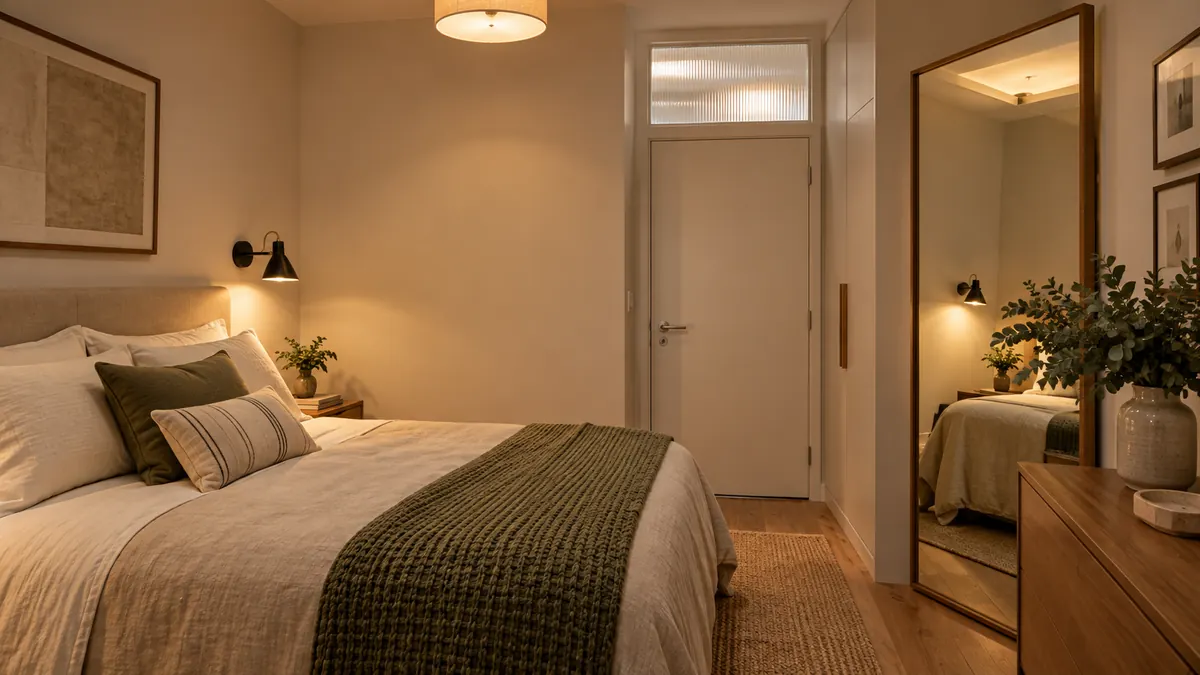 Quarto pequeno sem janela externa com porta e bandeira translúcida, espelho de piso e iluminação lateral suave.
