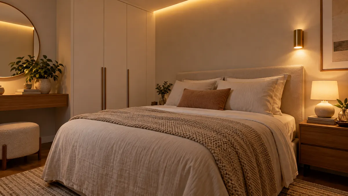 Quarto sem janela com luz indireta no teto, arandela ao lado da cama, abajur e espelho refletindo a iluminação.