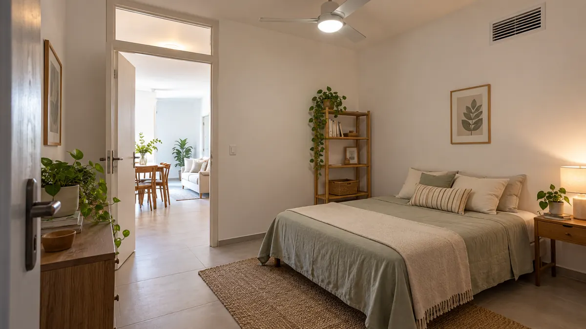 Quarto compacto com porta aberta para uma sala clara, bandeira sobre a porta, ventilador de teto e grelha de ventilação.
