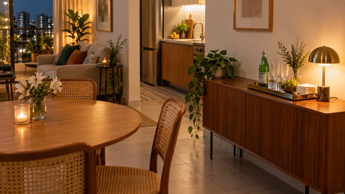 Aparador estreito com bandeja de bebidas e luminária ao lado de uma mesa de Réveillon, mantendo a passagem aberta.