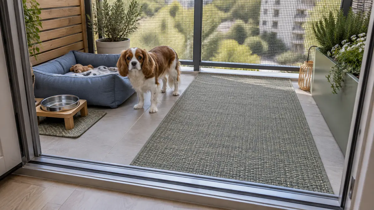 Varanda pequena com cama para cachorro em uma lateral, piso livre e um tapete externo estável próximo à porta da sala.