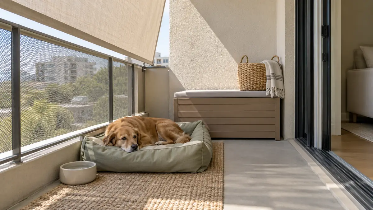 Varanda pequena com toldo de tecido, cama para cachorro em área sombreada e passagem livre junto à porta.