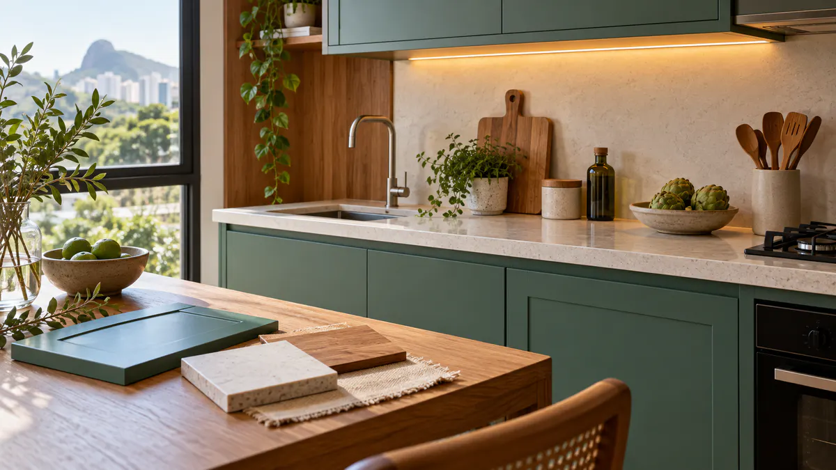 Amostras de verde jade junto da madeira e da bancada clara sob luz natural e luz de trabalho.