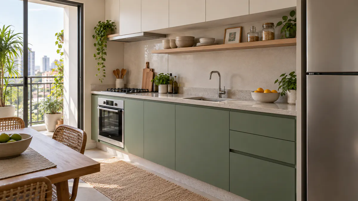 Cozinha compacta com armário inferior verde jade, prateleira de madeira e bancada livre.
