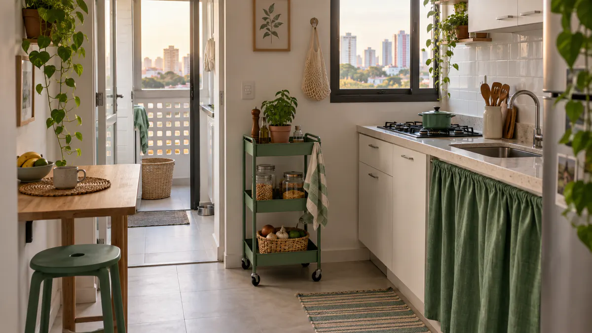 Cozinha pequena com carrinho e cortina verde jade como soluções removíveis, mantendo a passagem livre.